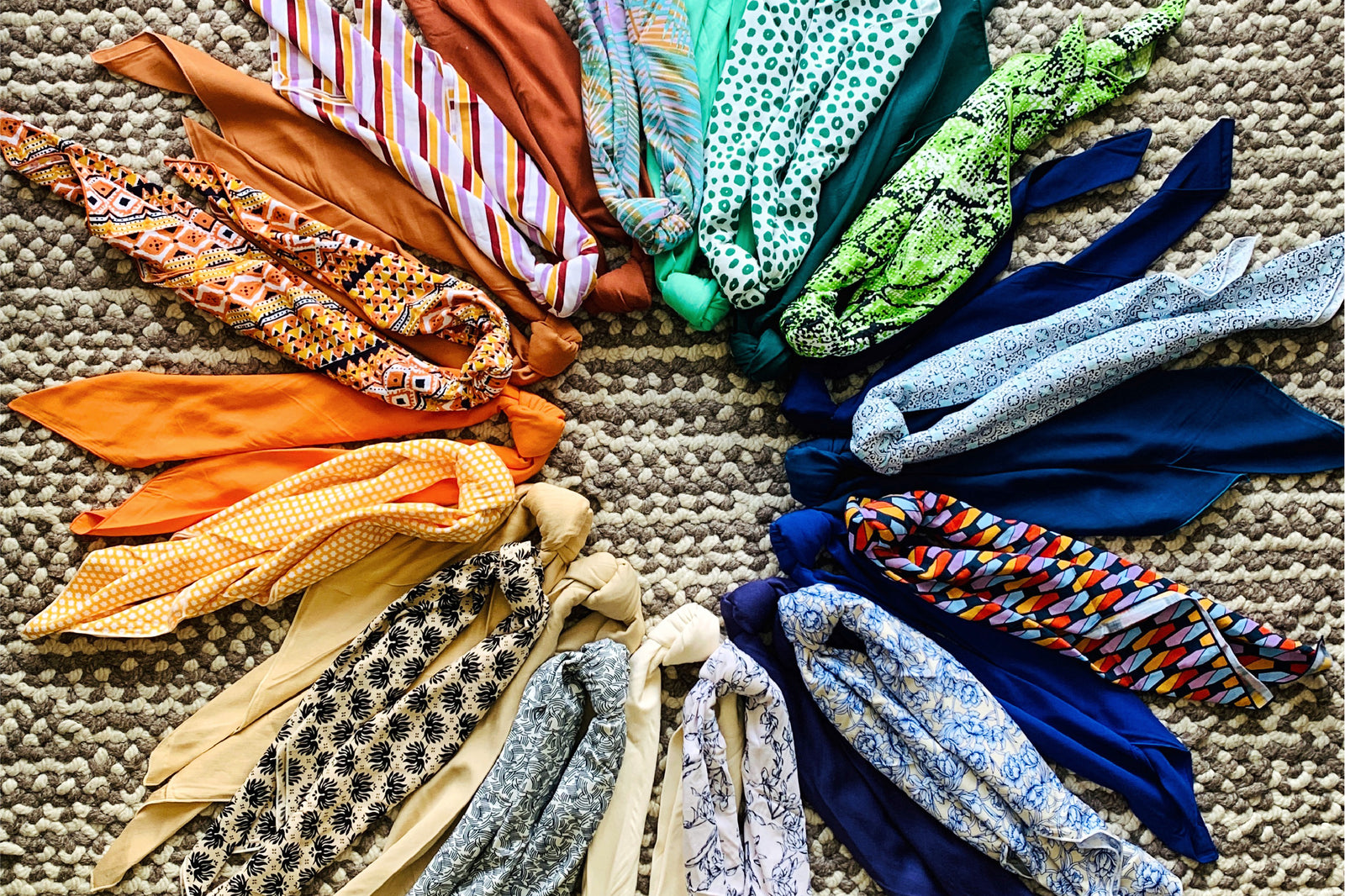 Picture of Zero Waste Square Scarves together in a circle with different boho prints and colors