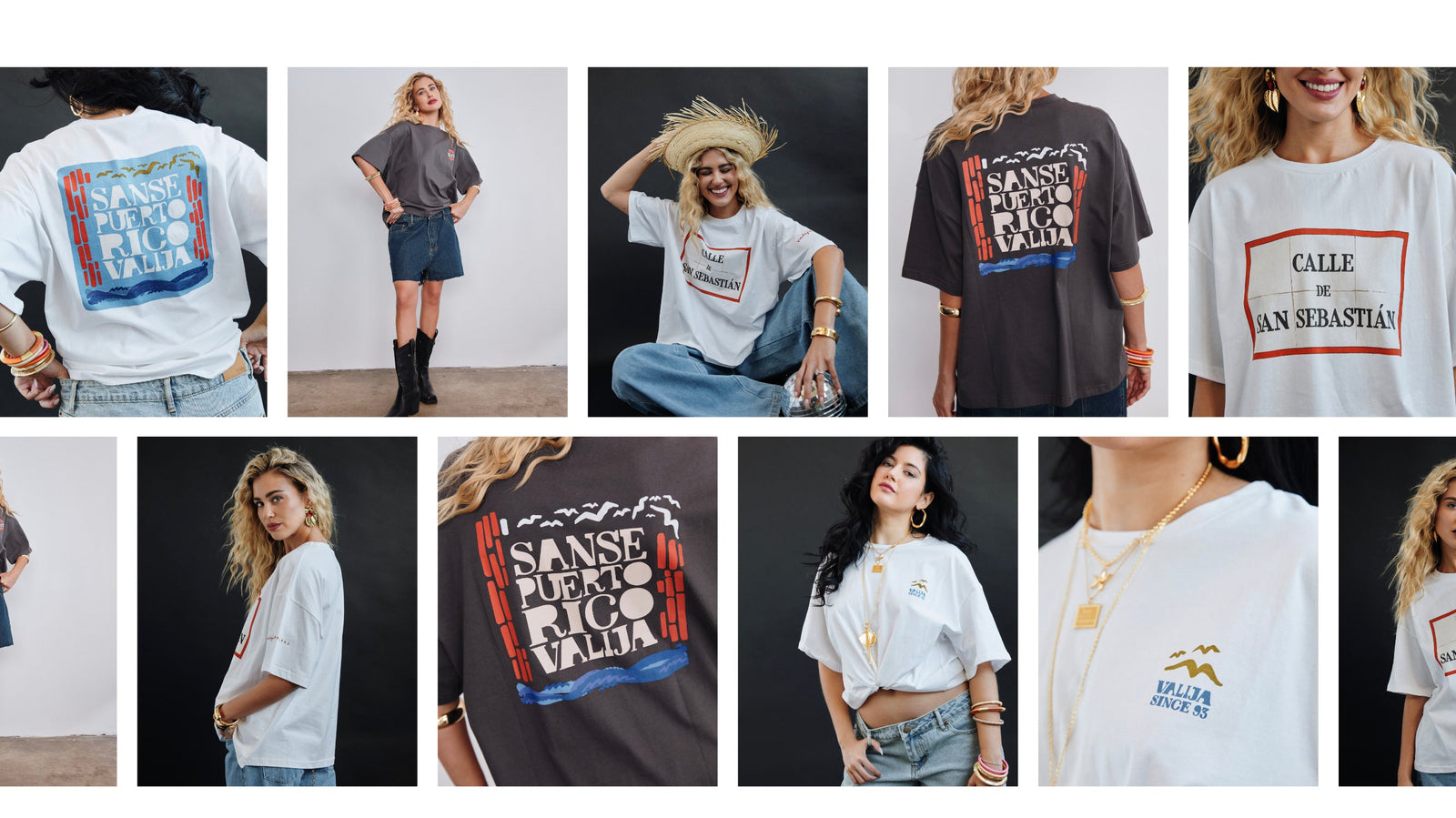 A collage of people wearing t-shirts with various San Sebastian Street in Puerto Rico designs.