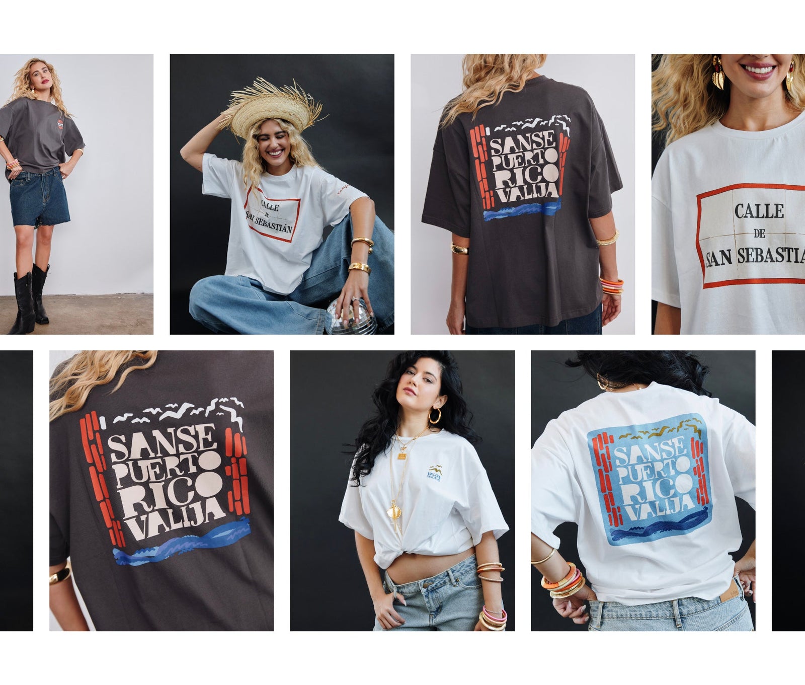 Collage of people wearing t-shirts with 'Sanse Puerto Rico Valia' design on a black background.