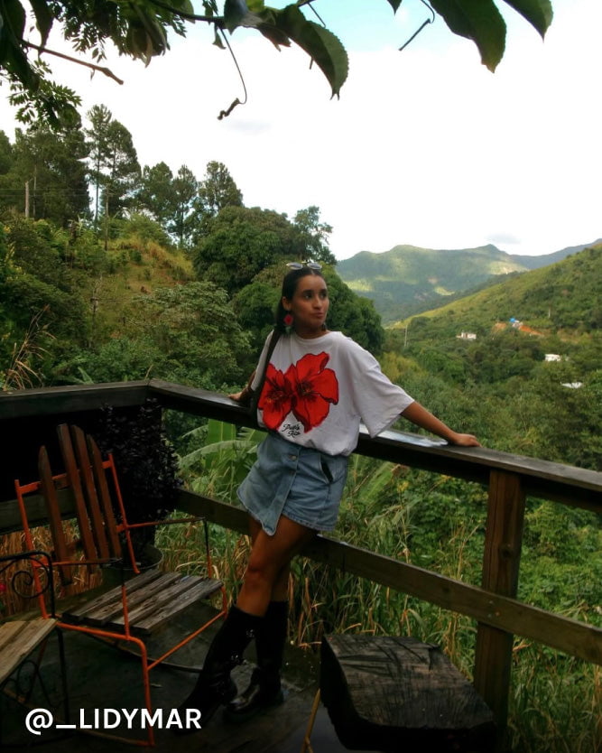 Person wearing a white t-shirt with a red flower design, standing on a wooden deck with a scenic view of green mountains.